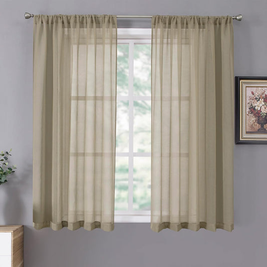 Tollpiz Short Sheer Curtains Linen Textured Living Room Curtain Sheers Light Filtering Rod Pocket Voile Curtains for Bedroom, 42 x 45 inches Long, Taos Taupe, Set of 2 Panels