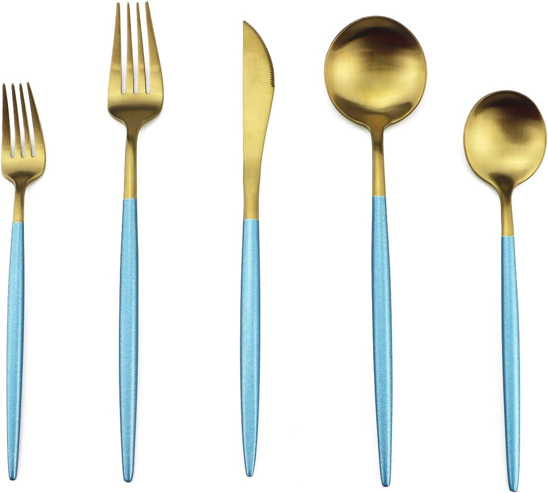 Gugrida Blue Gold Flatware, Royal 20 Piece Matte Blue Handle 18/10 Stainless Steel Tableware Sets for 4 Including Forks Spoons Knives, Camping Silverware Travel Utensils Set Cutlery (Blue Gold)