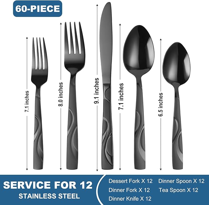 60 Pieces Black Silverware Set, Heavy Duty 430 Stainless Steel Flatware Utensils, Cutlery Set Service for 12 Including Fork Spoon and Knife, Dishwasher Safe