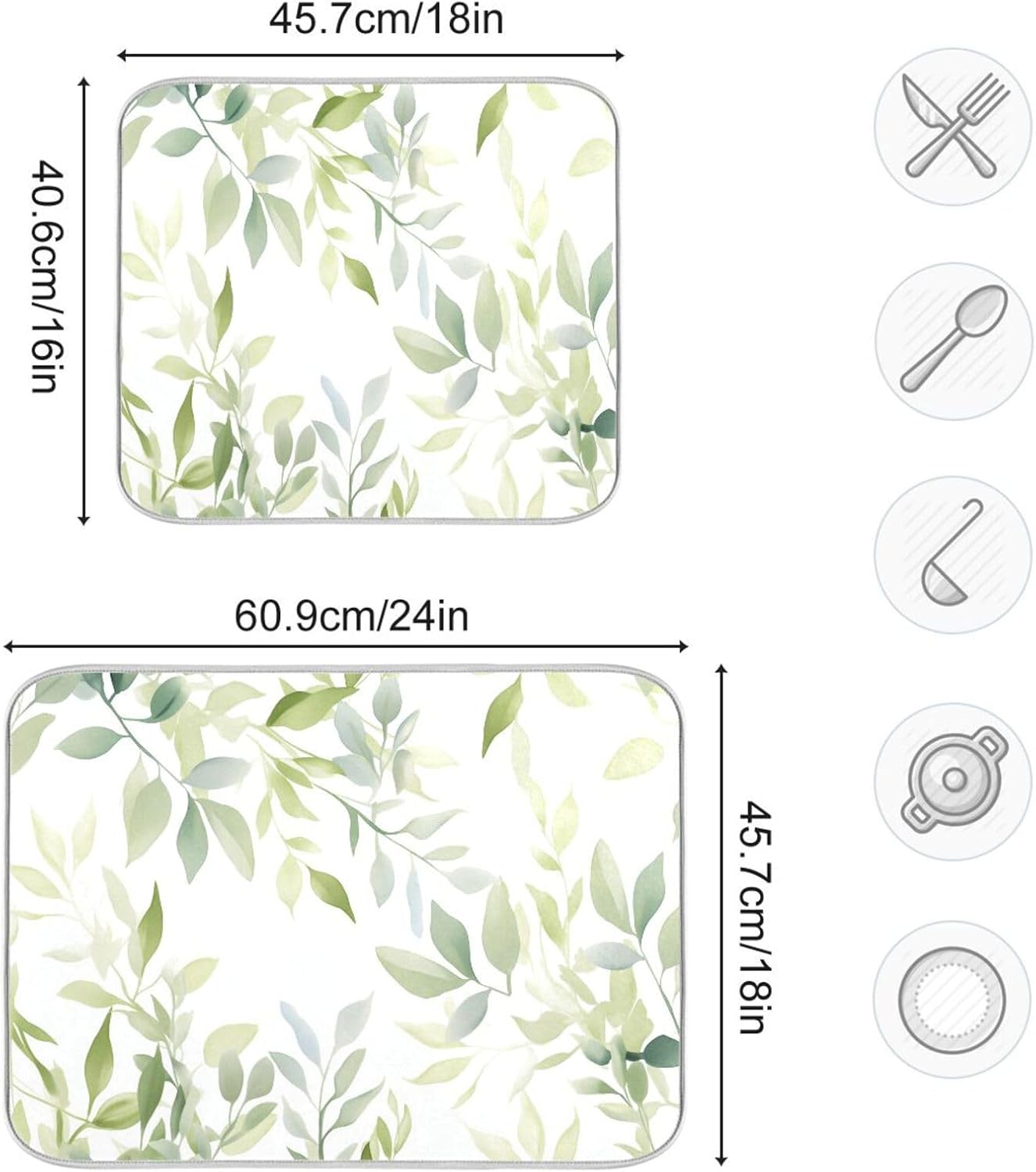 Sage Green Leaves Dish Drying Mat for Kitchen Counter Super Absorbent Dishes Pad Reversible Microfiber Protector Dish Draining Mats 16x18 inch
