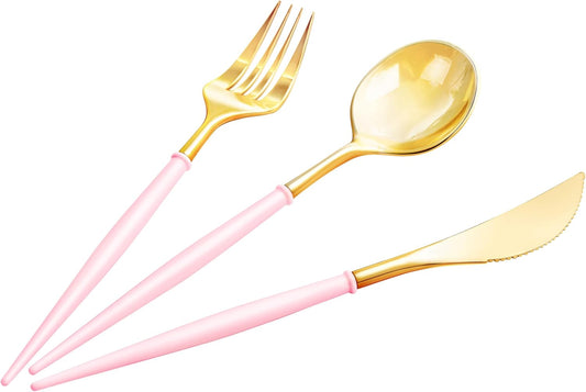 Lullaby 150PCS Gold Plastic Silverware - Disposable Flatware with Pink Handle, Includes 50 Knives, 50 Forks, 50 Spoons, Utensils Plastic disposable for Wedding, Party and Mother's Day