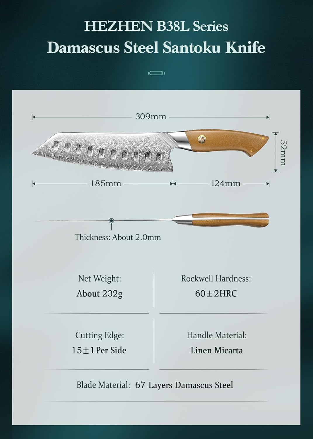 HEZHEN Damascus Santoku Knife, 7 Inches, 67 Layers Damascus Steel, Ultra Sharp Blade, Japanese Chef Knife for Professional Chefs and Home Cooking, Linen Micarta Handle, Gift Packing