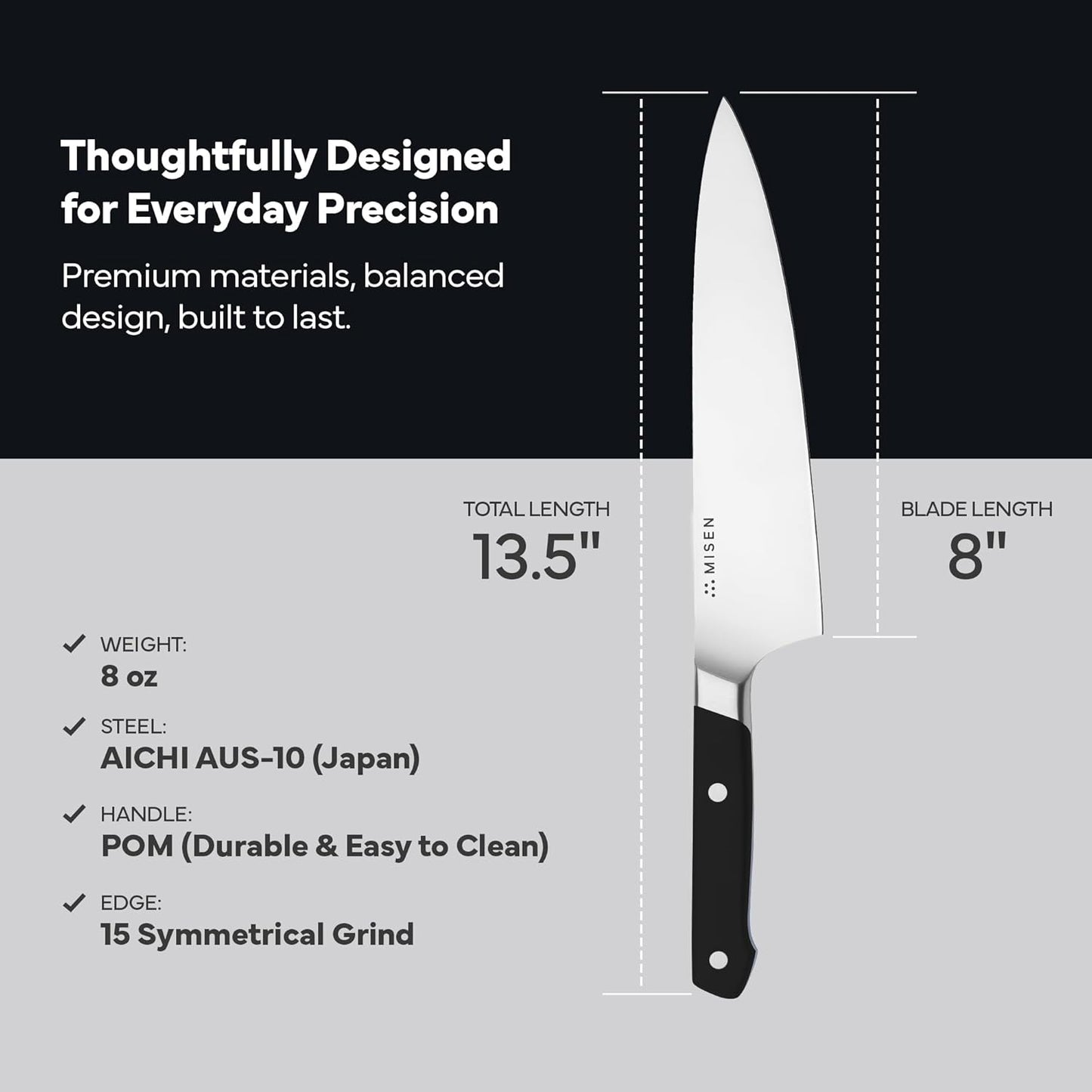 Misen 8" Chef Knife – High Carbon Japanese AUS-10 Stainless Steel – Hybrid German & Japanese Blade – Precision Kitchen Knife for Professionals & Home Cooks – Ultimate Cutting Performance - Black