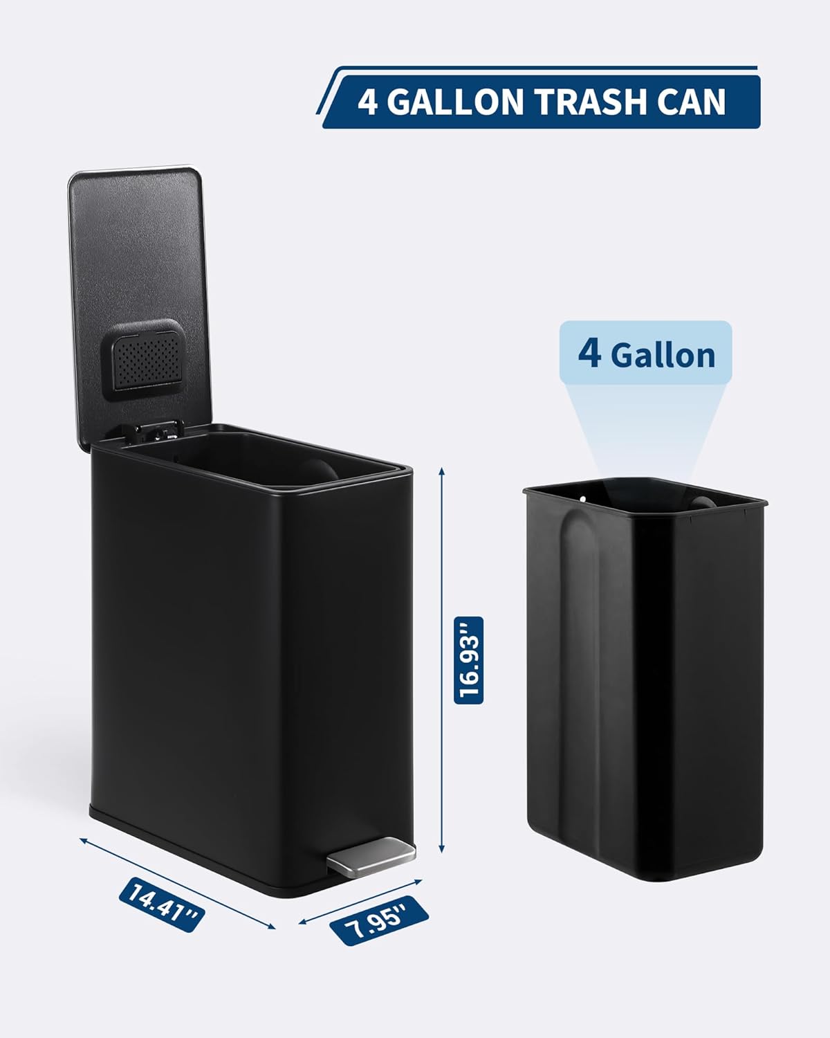 4 Gallon Stainless Steel Trash Can with Soft Close Lid, Step-on Bathroom & Kitchen Garbage Bin, Compact Slim Design with Removable Inner Bucket for Office, Living Room