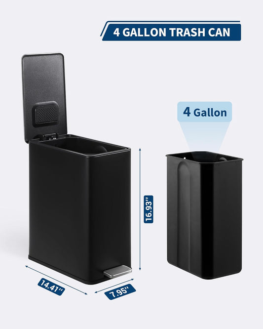 4 Gallon Stainless Steel Trash Can with Soft Close Lid, Step-on Bathroom & Kitchen Garbage Bin, Compact Slim Design with Removable Inner Bucket for Office, Living Room