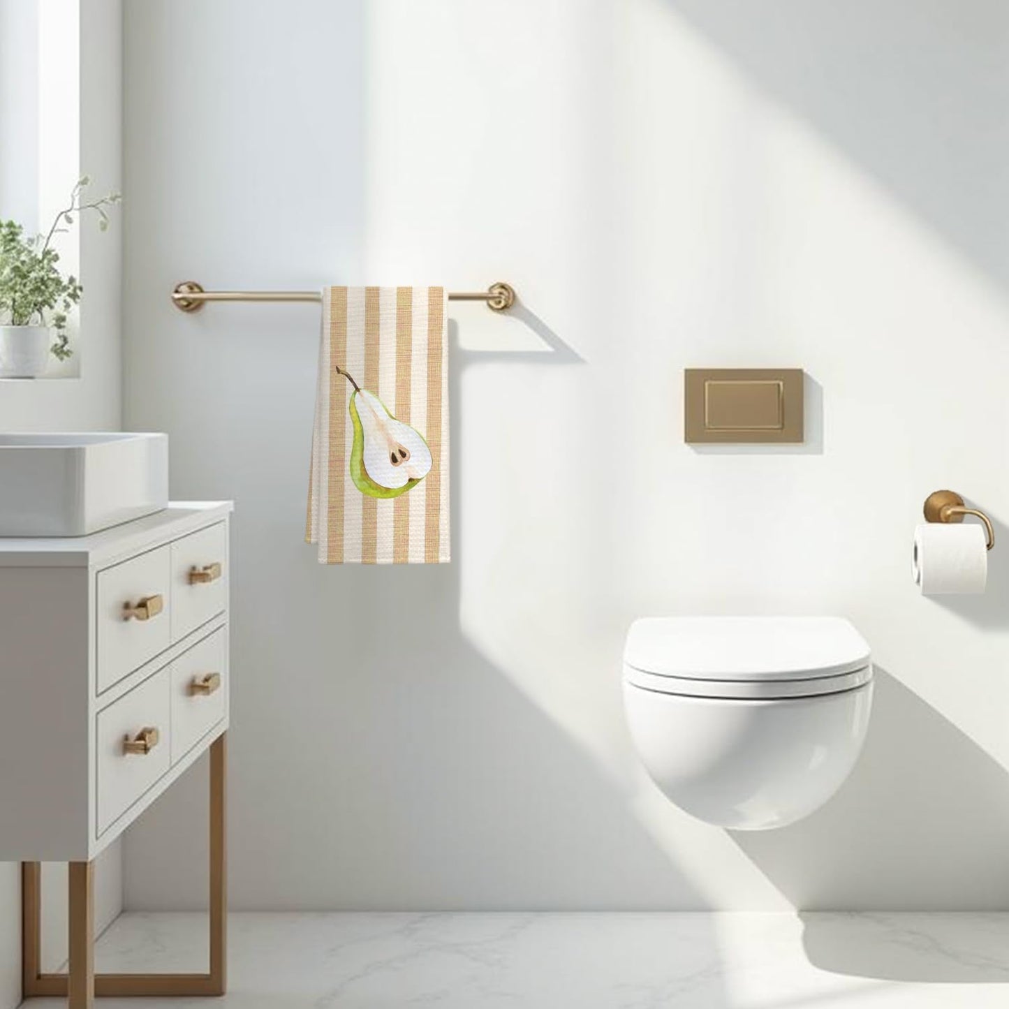 Pear Fruit Kitchen Towels, Beige Striped Pear Dish Tea Towels for Kitchen Decor, Gifts for Fruit Lovers Decorative Hand Towel, 16x24 Inch