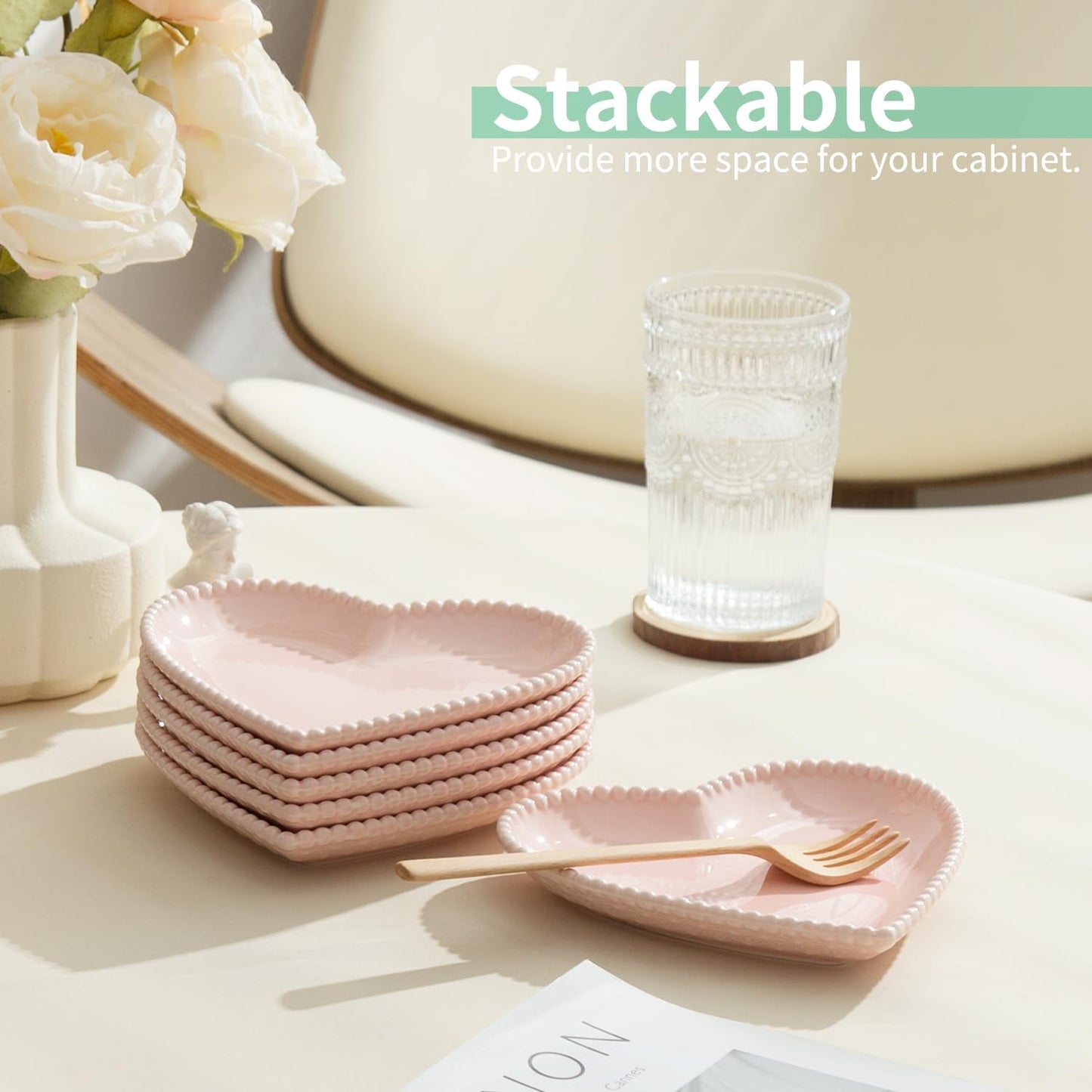 OMAYKEY 6.3 Inch Ceramic Dessert Plates, Small Salad Plates, Porcelain Heart Shaped Appetizer Plates, Dinner Plates for Cake, Snack, Ice Cream, Microwave, Oven, Dishwasher Safe, Pink - Set of 10