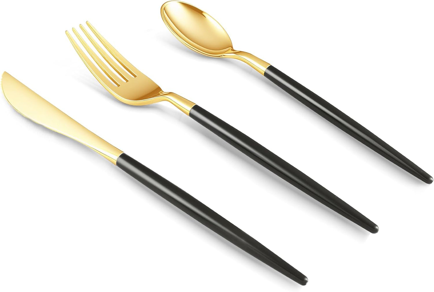 150 PCS Black Gold Plastic Utensils for 50 Guests, Gold Disposable Silverware with 50 Knives, 50 Spoons and 50 Forks, BPA Free, Ideal for Weddings, Birthdays & Graduation