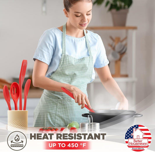 Better Houseware Silicone Cooking Utensil Set - 5 Piece Red Silicone Kitchen Utensils - Stain & Odor Resistant, Heat Resistant, Dishwasher Safe