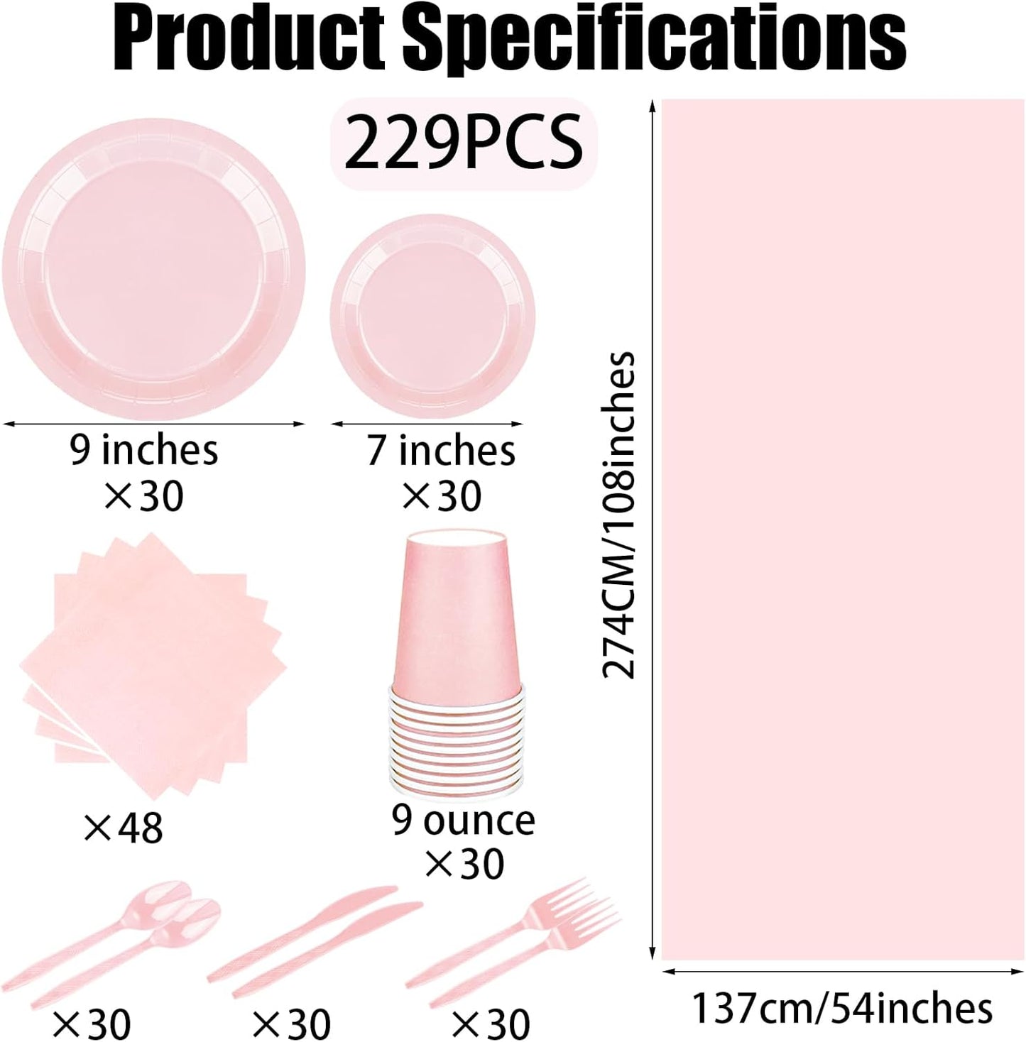 TWOWYHI 229PCS Pink Party Supplies Set Paper Disposable Plates Cups Plastic Spoons Forks Knives Pink Napkins for 30 Guests Disposable Party Dinnerware Sets for Wedding Birthday Parties