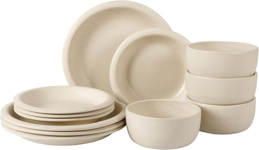Bloomhouse Corsica Clay 12 Piece Stoneware Rustic Reactive Glaze Dinnerware Set - Stackable Plates and Bowls Set. Service for 4 - Matte Sea Salt White