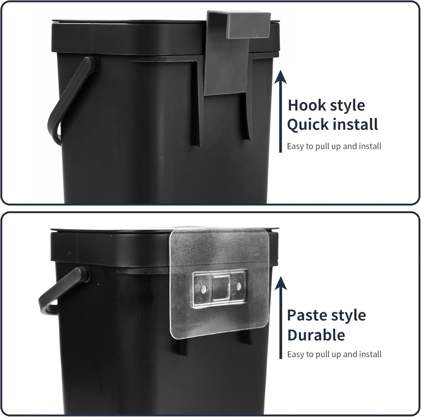Domiella 2 Pack Hanging Small Trash Can with Lid (1.3 + 0.8 Gal), Kitchen Compost Bin for Countertop or Under Sink, Mountable Food Waste Bin for Cabinet, Bathroom, or RV Use (Black)