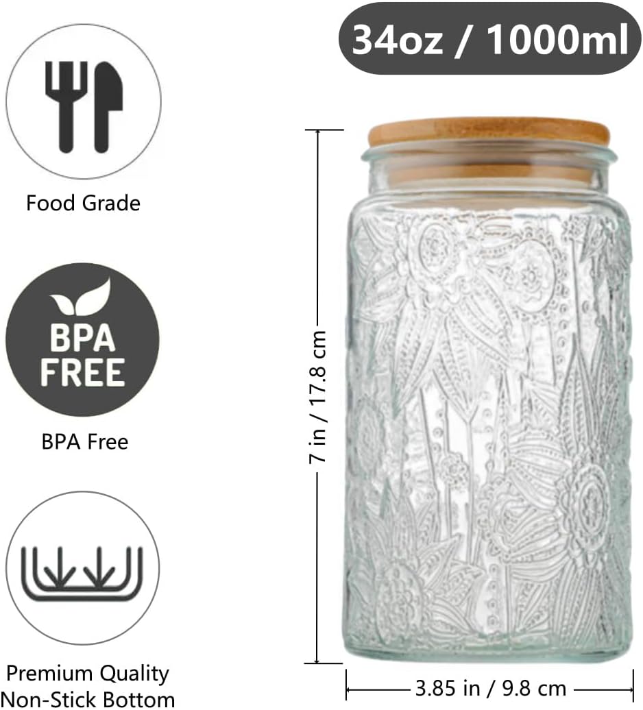 Vintage Glass Jar, 34 FL OZ Food Storage Jar, Glass Jar with Lid, Decorative Jar for Home Kitchen Coffee, Tea, Candy, Sugar Jar (Round Sunflower)
