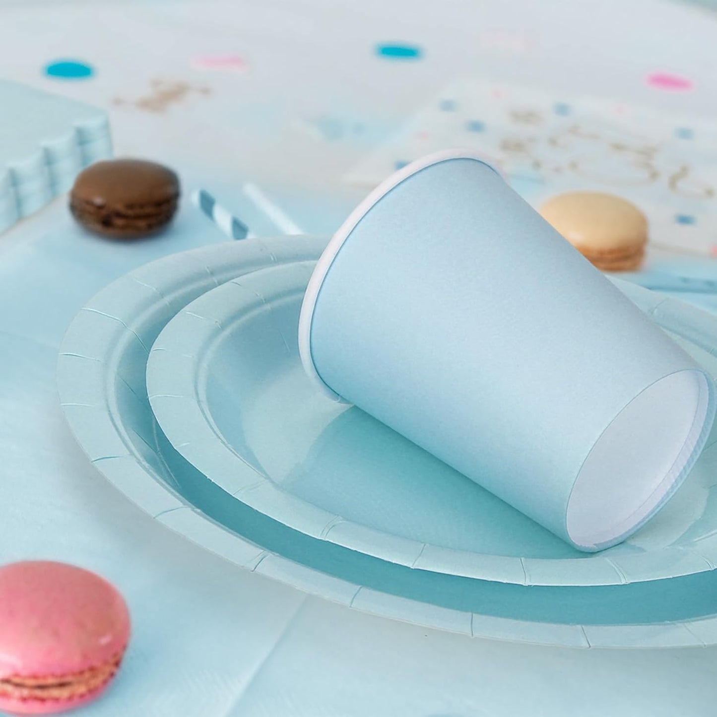 150 Pcs Disposable Party Dinnerware Supplies Set Includes 7'' 9'' Disposable Paper Plates 9oz Paper Cups Scalloped Cocktail Napkins for Baby Shower Birthday Wedding(Light Blue)