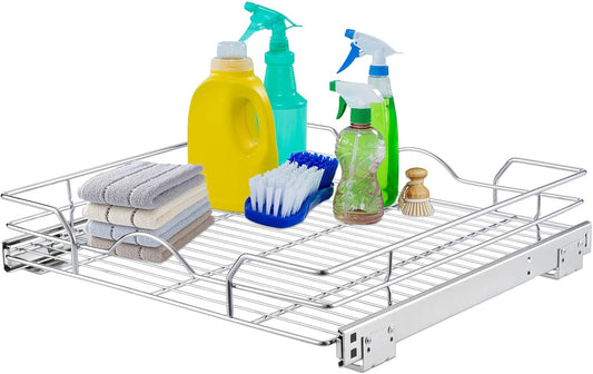 OCG Pull Out Cabinet Organizer (11.75" W x17 D), Pull out Shelves for Kitchen Cabinets, Slide Out Drawers for Base Cabinet Organization in Kitchen Bathroom Pantry, Bottom Mount, Chrome Finish