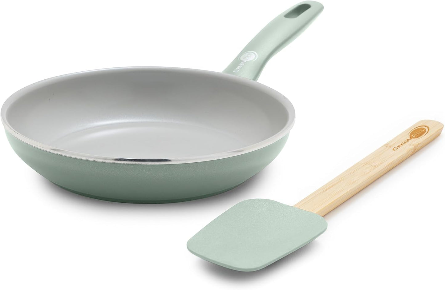 GreenPan Dover 8” Frying Pan Skillet with Spatula, Non-Toxic PFAS-Free Ceramic Nonstick Coating, Sear Saute Fry Egg Omlete, Dishwasher & Oven Safe, Stay Cool Handle, Easy Pour Rims, Pastel Green