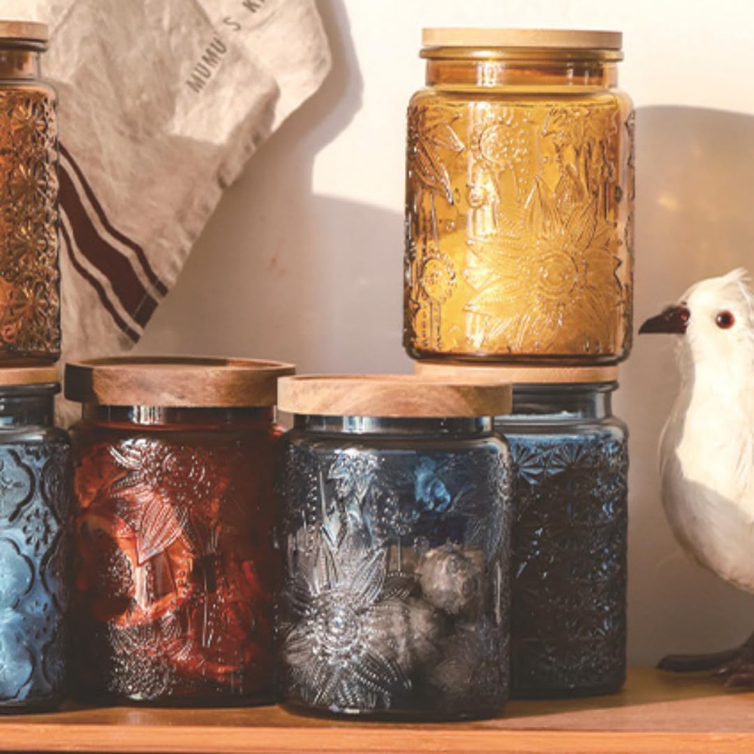 ANSQU Set of 2 Vintage Glass Kitchen Storage Jars, 23.7 FL OZ Gass Jar with Airtight Lid, Vintage Mason Jars for Home Kitchen Coffee Tea Sugar Cookie Candy Jars (Yellow, 2 Pack)