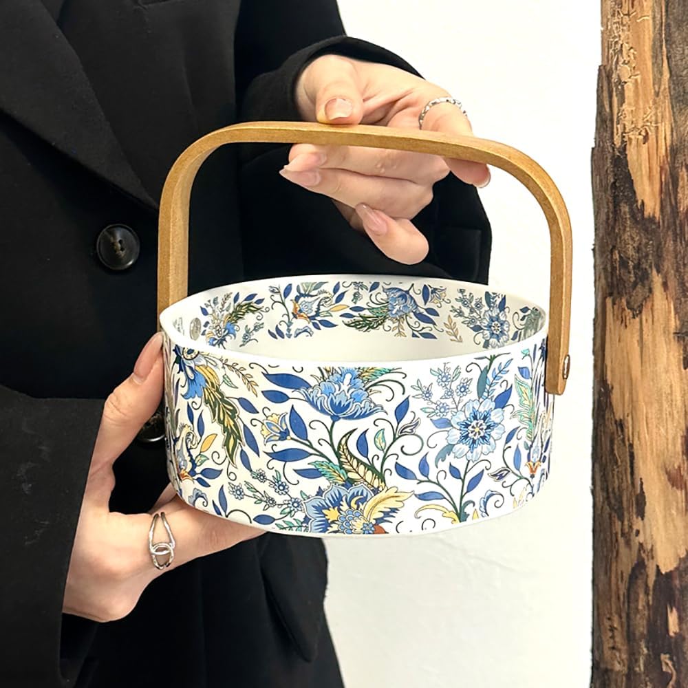 Ceramic Candy Bowl with Wood Handle Candy Dish Decorative Serving Bowl,Kitchen Dining Table Office Decor(White)