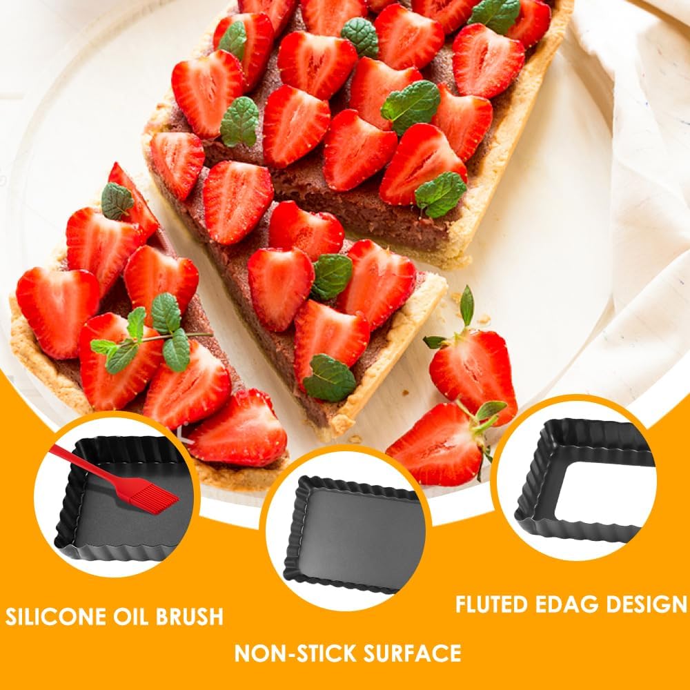 Tart Pan, 14 Inch Rectangle Tart Quiche Pan with Removable Bottom Nonstick Pie Pan with Oil & Dish Brush, Baking Tray with Loose Bottom for Fluted Pies, Quiche,Tart