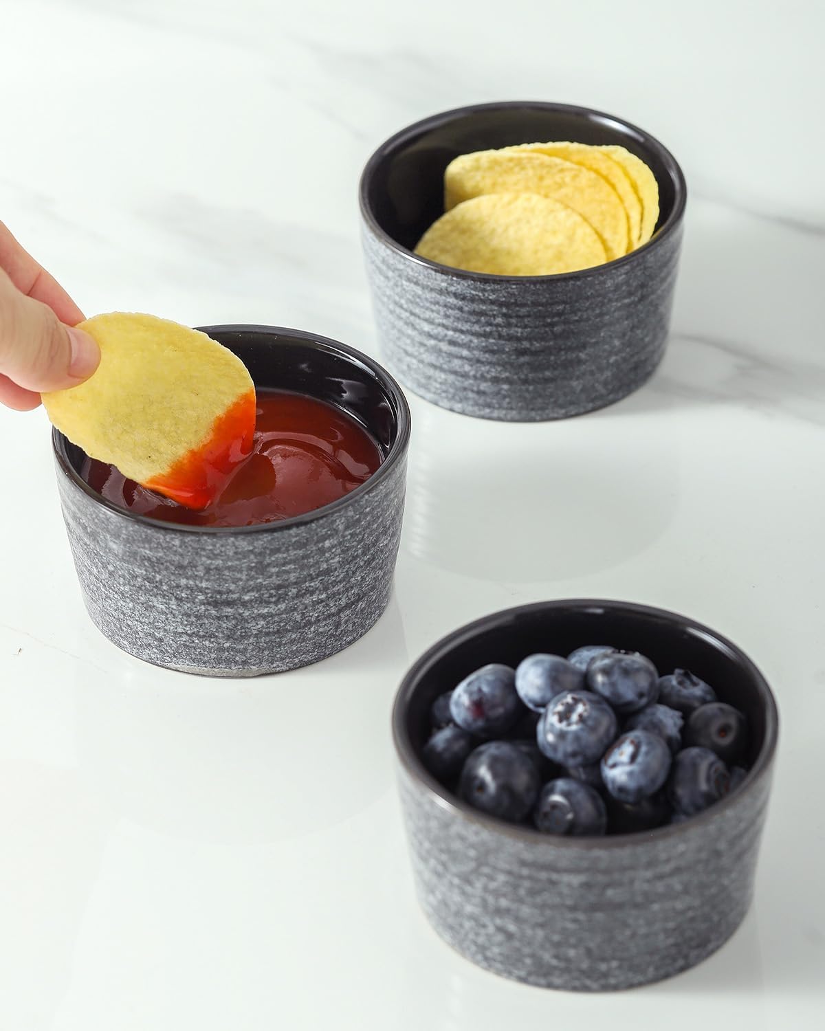Hasense 6 oz Ramekins for Baking,Ceramic Souffle Dish Oven Safe Set of 6,Porcelain Dipping Sauce Bowls for Pudding, Creme Brulee, Souffle, Serving Dip, Custard, Ice Cream, Grey