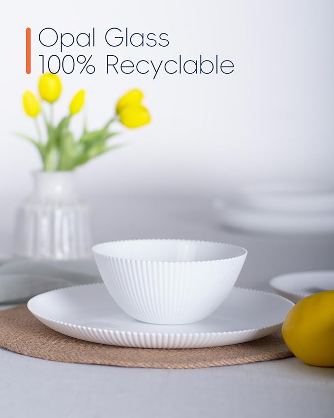 Dinnerware Sets for 4, 12 Pieces Opal Glass Plates and Bowls Set, Dishwasher and Microwave Safe Ribbed Dish Dinning Ware, Chip and Scratch Resistant Dishware, White