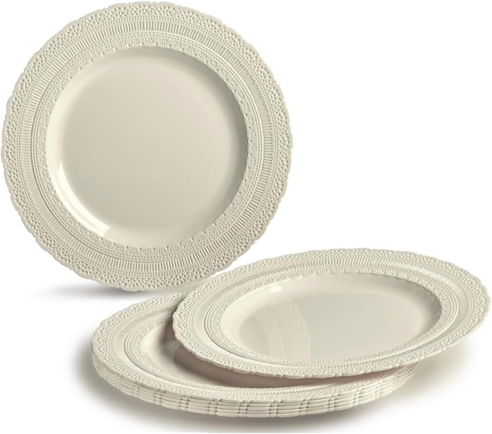 " OCCASIONS " 960pcs set (120 Guests)-Vintage Wedding Party Disposable Plastic Plates -120 x 11'' + 120 x 8.25''+Silverware+Gold rim Cups+Napkins (Chateau in Ivory)