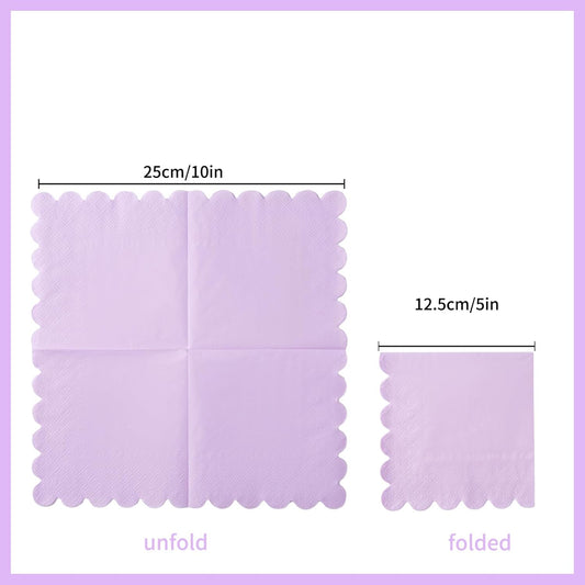 100 Pack Cocktail Napkin 2-Ply Scalloped Edged Dessert Napkins Folded 5 x 5 Inches Disposable Napkins for Dinner Wedding Birthday Party Bridal Anniversary Reception Event (Purple)