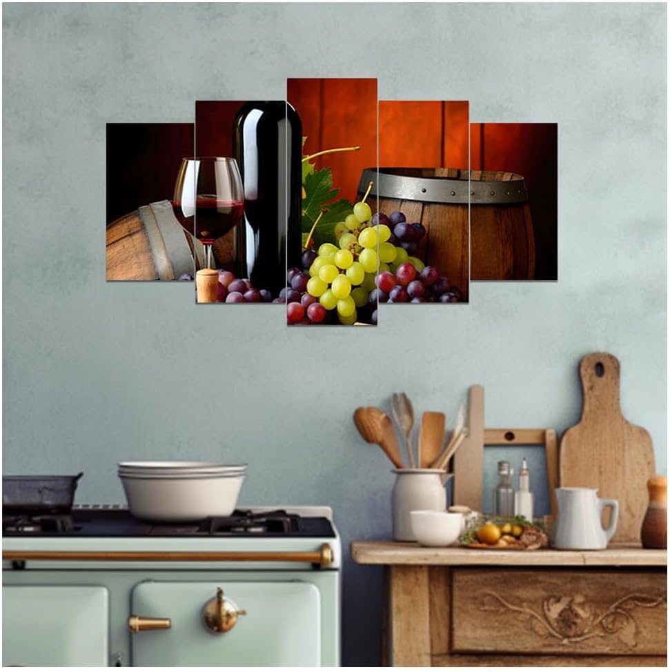 DOARTDO 5 Pieces Kitchen Wall Art Wine and Fruit Grape Pictures Food Canvas Prints Red Wine Cups Painting Large Kitchen Dining Room Bar Cellar Decor Framed (Red, (10x16inx2 10x20inx2 10x24inx1))