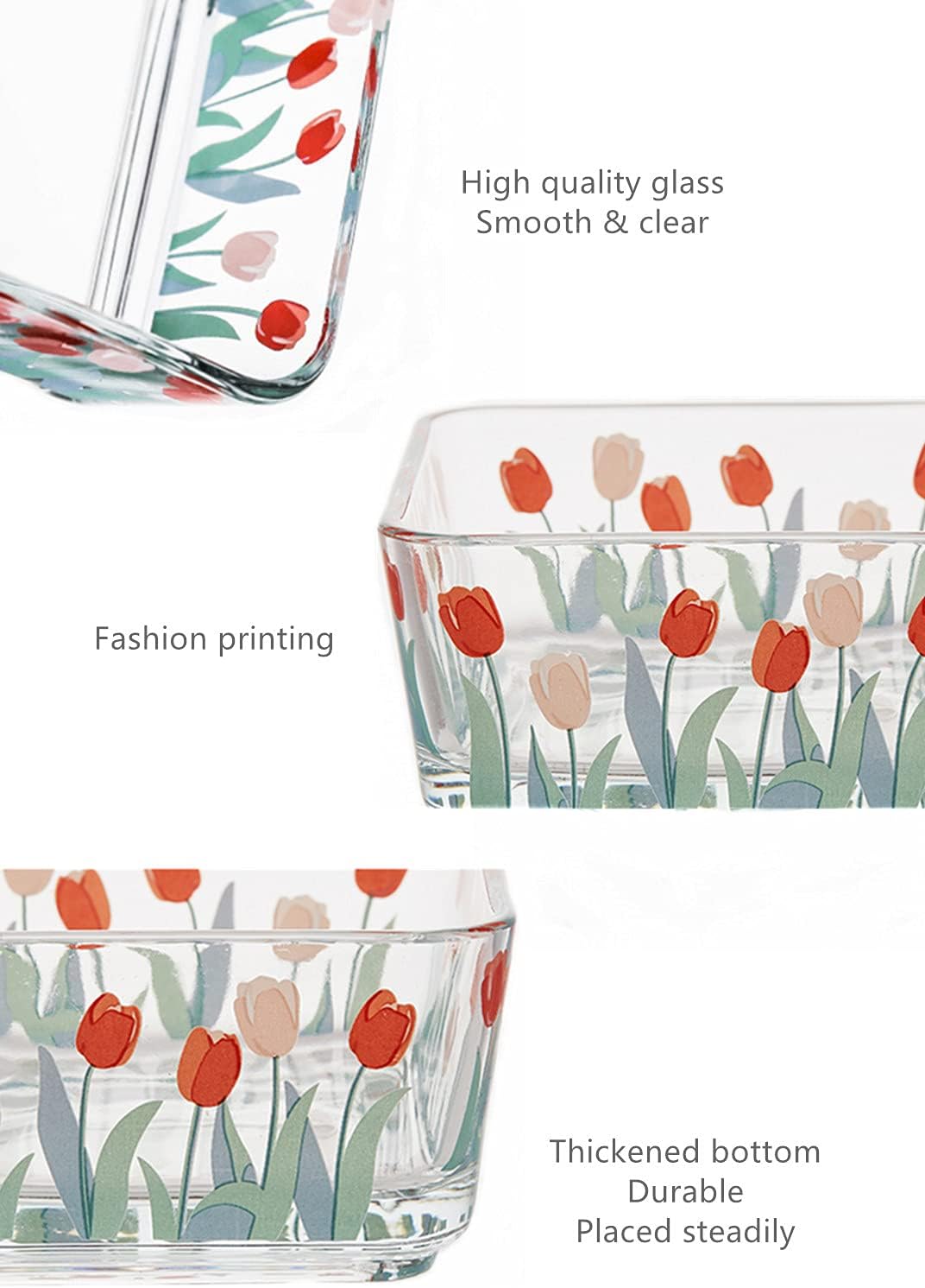 9 OZ Small Flower Candy Dish Floral Candy Bowl Cute Square Tulip Glass Bowl for Snack,Dessert，Fruit,Icecream,Yogurt,Dipping,Mini Clear Serving Bowl