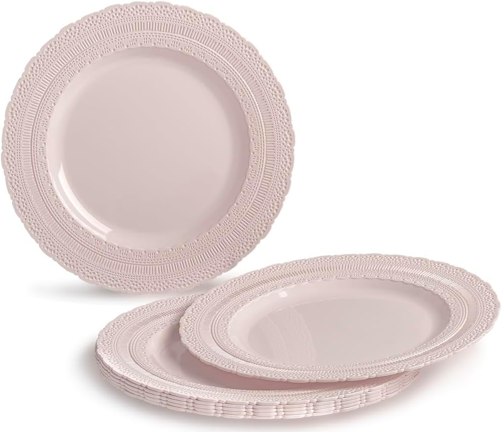 " OCCASIONS " 960pcs set (120 Guests)-Vintage Wedding Party Disposable Plastic Plates -120 x 11'' + 120 x 8.25''+Silverware+Gold rim Cups+Napkins (Chateau Pink Blush)