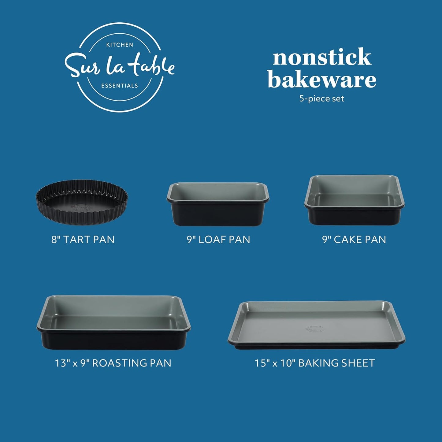 Sur La Table Kitchen Essential Carbon Steel Baking Pans Bakeware Set W/Premium PFOA, PFAS, PTFE Free Grey Nonstick Interior - Black Exterior