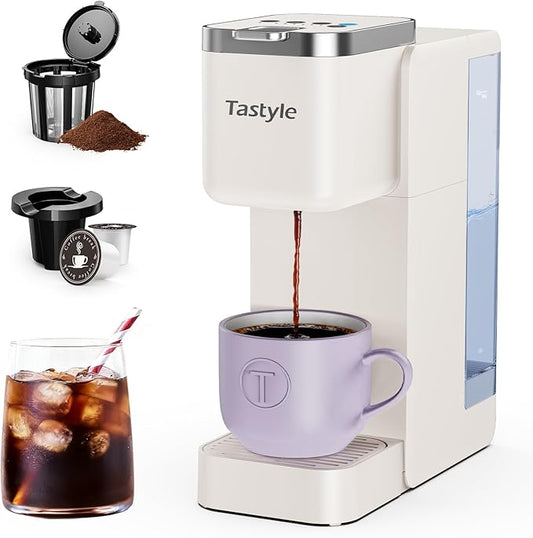 Single Serve Coffee Maker, Iced and Hot Coffee Machine for K Cup & Grounds, Compact Design, 40oz Removable Water Reservoir, 6 to 24 Oz Brew Sizes, Fits 7.3" Travel Mug, Beige