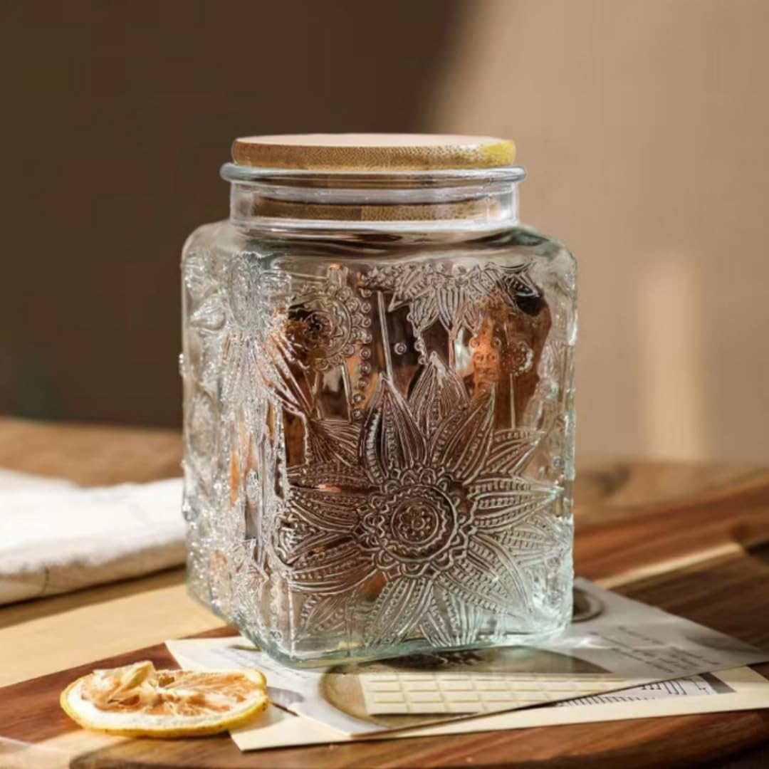 ANSQU Square Glass Jar, 25.3oz Vintage Glass Jar with Lid, Glass Food Storage Containers for Ground Coffee, Tea, Sugar, Candy, Decorative Glass Jar