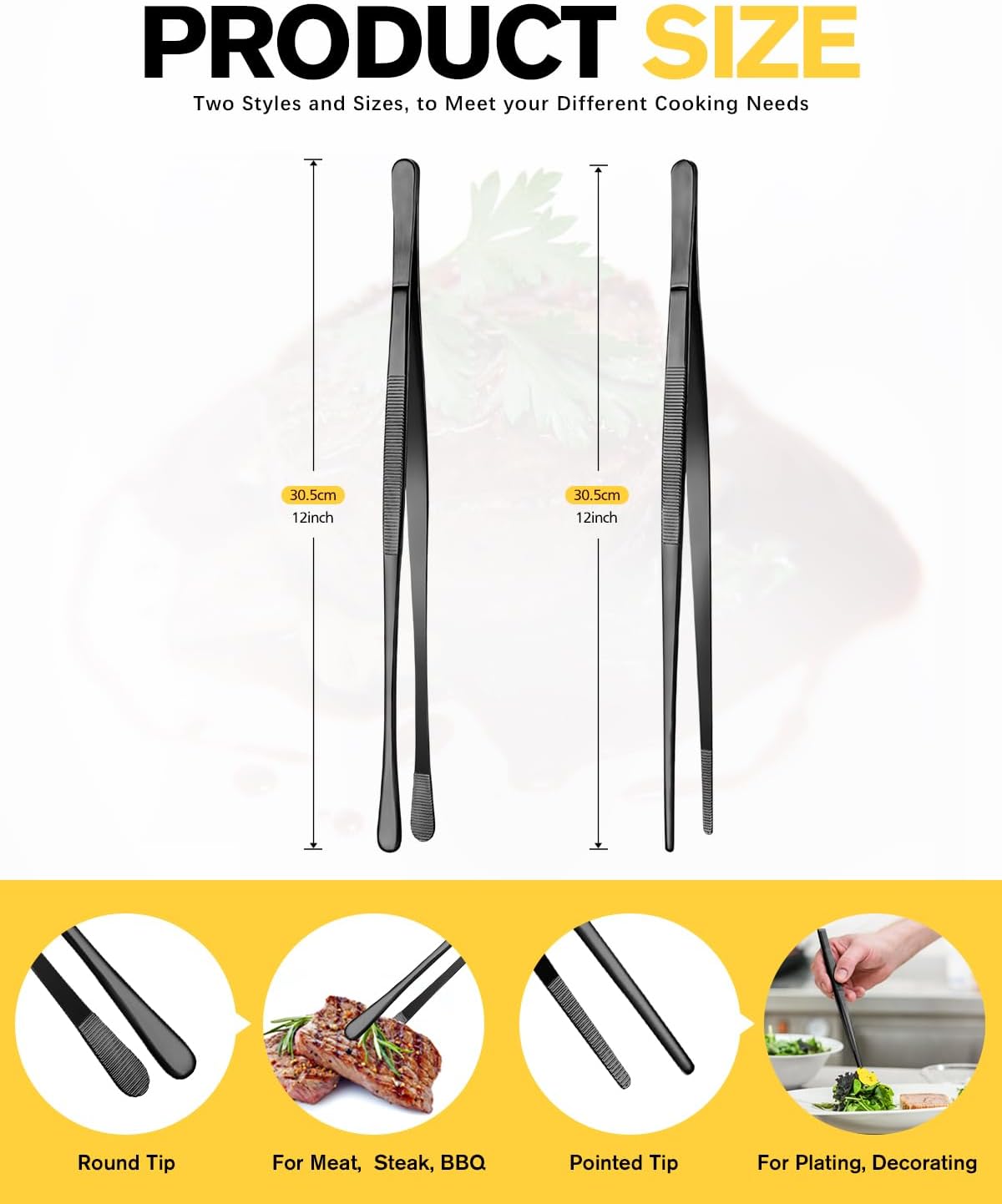 2 Pcs 12-Inch Kitchen Tweezers Fine Tweezer Tongs, Stainless Steel Professional Long Cooking Tweezers for BBQ, Sea Food, Repairing and Serving (BLACK)