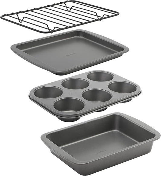 GoodCook 4-Piece Nonstick Steel Toaster Oven Set with Sheet Pan, Rack, Cake Pan, and Muffin Pan, Gray, 4-Piece Set Distributes Heat Evenly, Nonstick Coating, Dishwasher-Safe