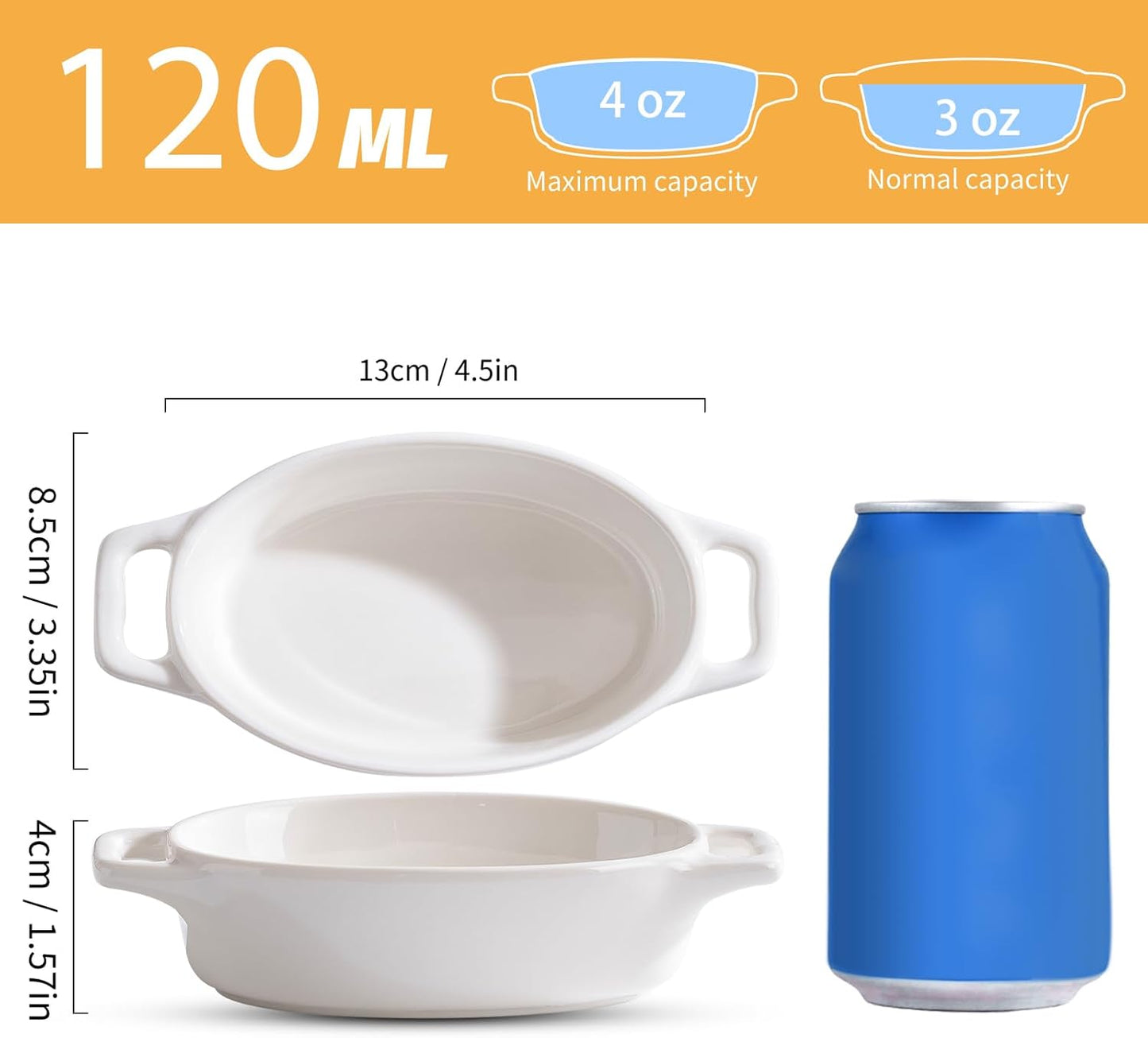 4-Pack Oval Creme Brulee Ramekins, 4 oz Mini Porcelain Souffle Dish, Ramekins Oven Safe with Double Handles (White)