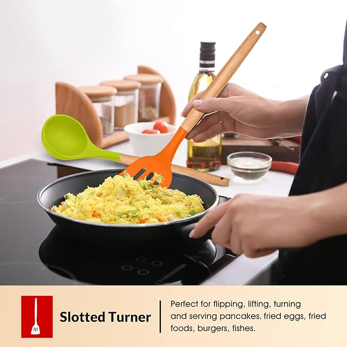 Cooking Utensils Set of 6, E-far Silicone Kitchen Utensils with Wooden Handle, Non-stick Cookware Friendly, Includes Spatula/Ladle/Slotted Turner/Serving Spoon/Spaghetti Server(Multi-colored)