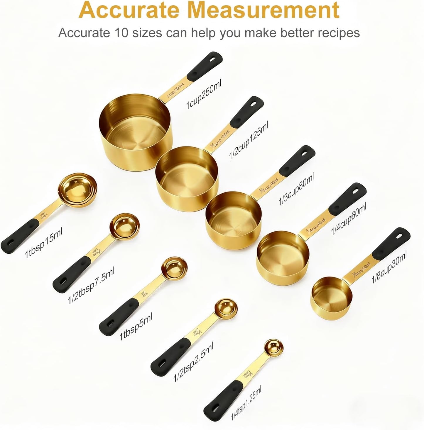 Measuring Cups and Spoons Set, Stainless Steel 10 Piece for Cooking and Baking (5 Cups + 5 Spoons, Golden)