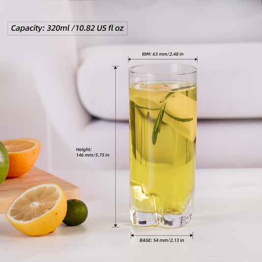 KAMMAK Drinking Glasses Set of 2, 11oz Crystal Water Glasses, Tall Glass Cups, Highball Glass for Cocktail, Juice, Mojito, Iced Tea, Kitchen and Bar Glassware Gifts, Collins Glasses