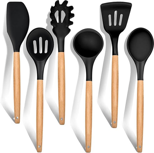 E-far Cooking Utensils Set of 6, Silicone Kitchen Utensils with Wooden Handle, Non-stick Cookware Friendly & Heat Resistant, Includes Spatula/Ladle/Slotted Turner/Serving Spoon/Spaghetti Server(Black)