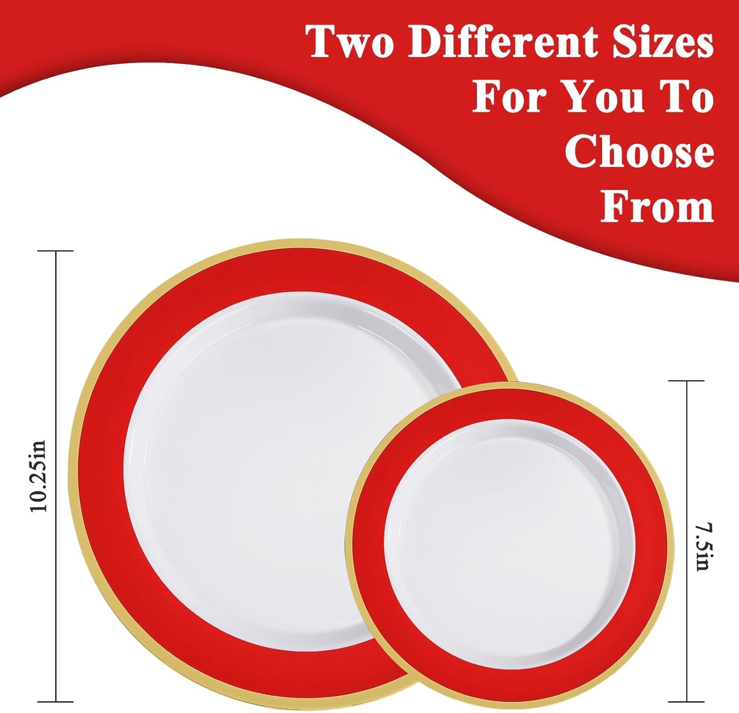 100Pack Plastic Plates Disposable Heavy Duty for Christmas Include 50PCS 10.25inch Dinner plates and 50PCS 7.5inch Dessert Plastic Plates for Party Wedding Birthday New Year,Red