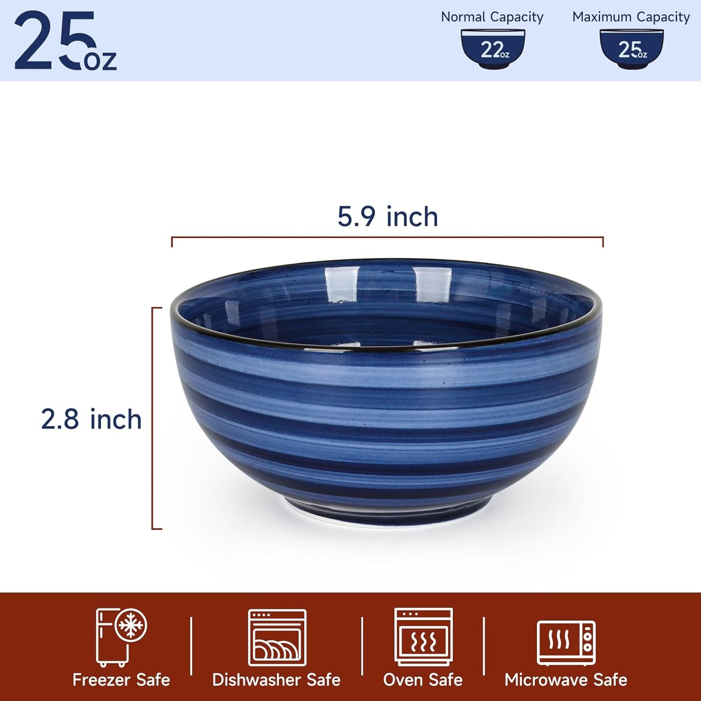 KitchenTour 24 OZ Cereal Bowls Set of 6, Ceramic Soup Bowls for Kitchen, 5.9 Inch Colorful Serving Bowls for Oatmeal, Salad, Pasta, Dessert - Microwave & Dishwasher Safe, Assorted Cool Colors