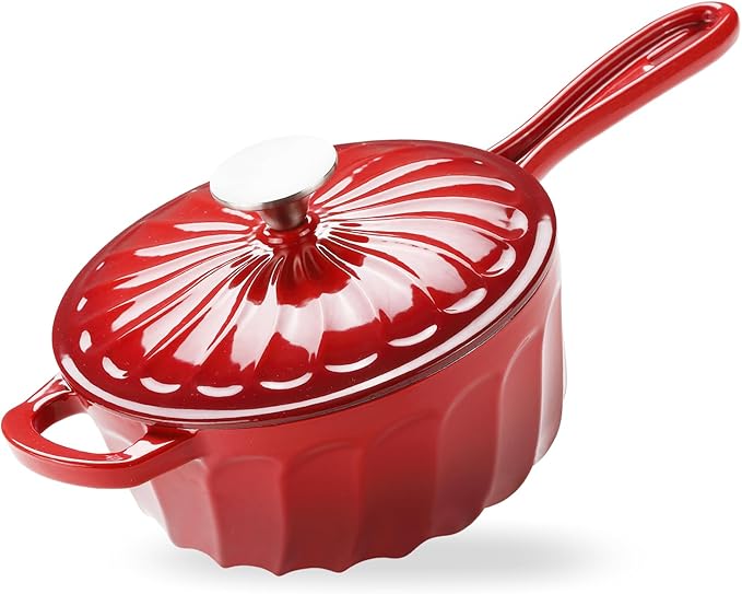 Enameled Cast Iron Sauce Pan, 2 Quart Enameled Saucepan with Lid, Mini Dutch Oven Enamel Saucepan for Cooking Pasta Sauce, Gravy, Puddings, Marinate, Boiling (Gradient Red)