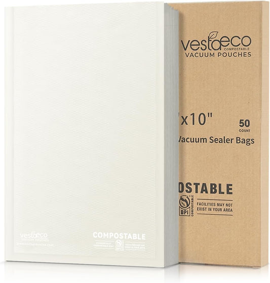 VestaEco Compostable Vacuum Sealer Bags, 6" x 10" 50 Count, Eco-Friendly, Heavy-Duty Food Storage Bags, BPA-Free, for Storage, Meal Prep or Sous Vide