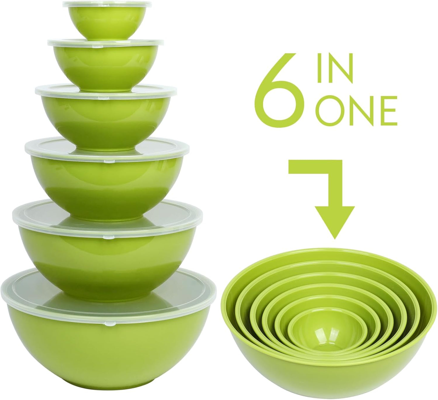 BoxedHome BPA Free Plastic Round Mixing Bowl with Lids, 12 Pack Nesting Bowls with Lids Set, Microwave and Dishwasher Safe Prep & Serving Bowls Great for Mixing, Baking, Serving (Light Green, 12pcs)