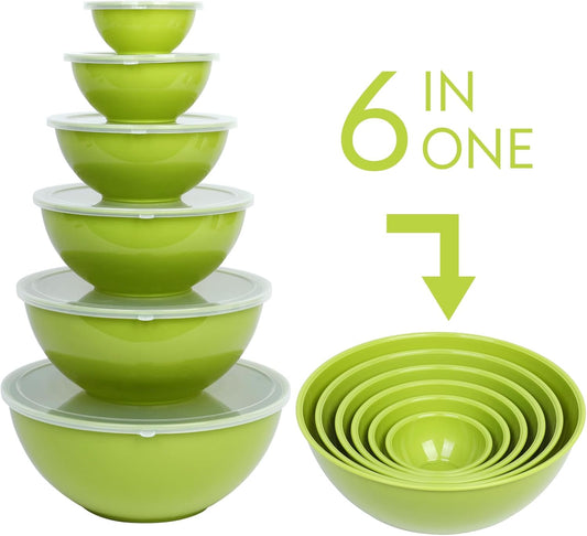 BoxedHome BPA Free Plastic Round Mixing Bowl with Lids, 12 Pack Nesting Bowls with Lids Set, Microwave and Dishwasher Safe Prep & Serving Bowls Great for Mixing, Baking, Serving (Light Green, 12pcs)