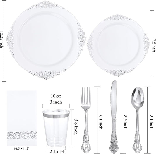 YOUBET 700PCS Silver Plastic Plates - White and Silver Disposable Plates - Silvery Plastic Dinnerware Set - Include 200 Plates, 300 Heavy Duty Silverware, 100 Cups and 100 Napkins for Wedding & Party