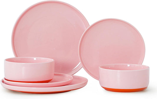 6 Piece Ceramic Dinnerware Set for 2, Modern Minimalist Stoneware Dinner Plates and Bowls, Microwave Safe, Dishwasher Safe, Versatile for All Seasons, Pink