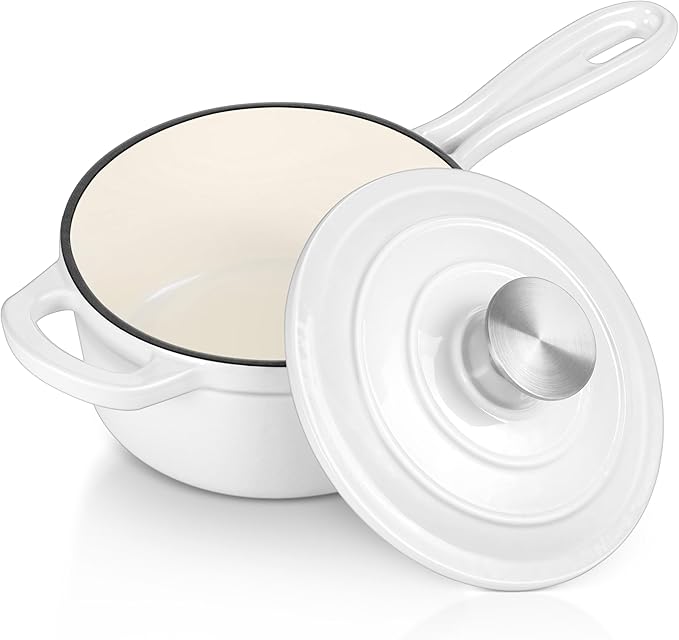 Enameled Cast Iron Sauce Pan with Lid, Leonyo 2 Quart Saucepan with Lid, Heavy Duty Cast Iron Pot Dutch Oven Kitchen Cookware for All Cooktops Making Pasta, Milk, Egg- Up to 500°F & 6.7Lbs, White