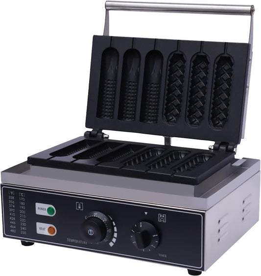 110V Nonstick 2-Shape Commercial Electric 6pcs Hot Dog Maker Machine Waffle Baker Electric Waffle Maker Muffin Machine Corn Dog for Family Breakfast Gift 1500W